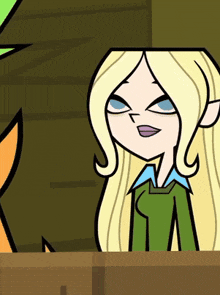 a cartoon character with blonde hair and blue eyes is smiling
