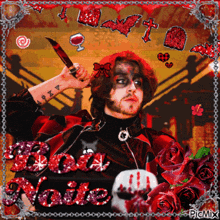 a picture of a man holding a bloody knife with the words boa noite written on it