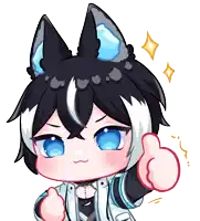 a cartoon drawing of a girl with black and white hair and blue eyes giving a thumbs up