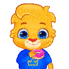 a cartoon lion wearing a blue shirt with a yellow crown on it is holding a pink donut