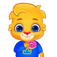 a cartoon lion wearing a blue shirt with a yellow crown on it is holding a pink donut