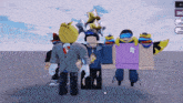 a group of roblox characters are standing in front of balloons and a sign that says $ anna