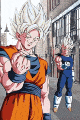 a cartoon of goku and vegeta standing on a street