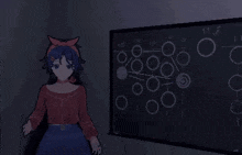 a pixel art of a girl pointing at a blackboard with circles on it .