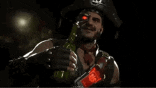 a video game character is holding a bottle of beer .