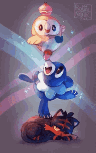 Vertical poster with the Alola Starters (Rowlet, Litten, Poplio