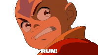 a close up of a cartoon character with the word run written below him