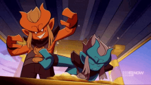 two cartoon characters are standing next to each other with a now logo in the corner