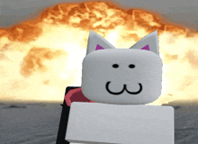 a white cat with the number 3 on its face stands in front of a large explosion