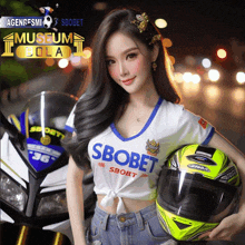 a woman in a sbobet shirt holds a yellow helmet
