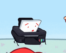 a cartoon drawing of a stapler sitting on top of a pile of paper