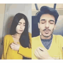 a man and a woman are standing next to each other . the woman is holding the man 's chest .