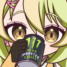a cartoon girl drinking mega monster energy from a can