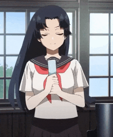 a girl in a school uniform is standing in front of a window with her eyes closed