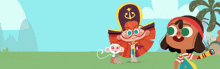 a girl in a pirate costume stands next to another girl