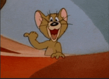 jerry from tom and jerry is smiling and waving his hand .