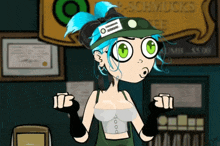 a cartoon of a woman wearing a name tag that says schmucks on it