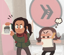 a cartoon of a woman holding a picture of a man and a woman holding a notebook