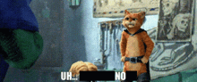 a cat in a cape is standing in front of a hulk and says " uh no "