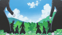 a group of cartoon characters are standing in a circle with trees in the background