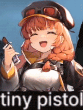 a girl in a hat is holding a gun and smiling with the words tiny pistol below her .