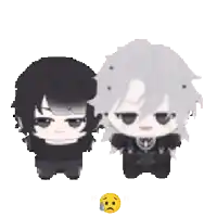 a pixel art of two anime characters standing next to each other with a sad face in the middle .