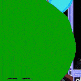 a girl is wearing a green mask with a black eye