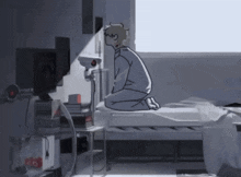 a drawing of a person kneeling on a bed in front of a computer monitor