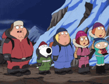a group of cartoon characters standing in front of a mountain