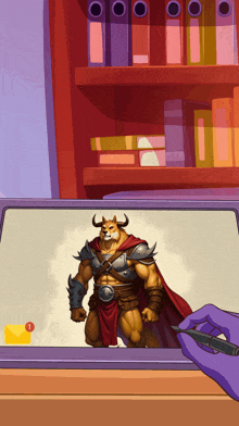 a cartoon drawing of a doge with a cape and armor