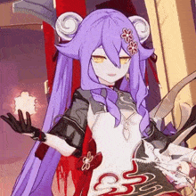 a girl with purple hair and yellow eyes is holding a sword in her hand .