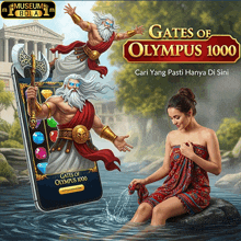 an advertisement for gates of olympus 1000 shows a woman sitting on a rock in the water