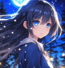 a girl with long black hair and blue eyes is wearing a blue jacket