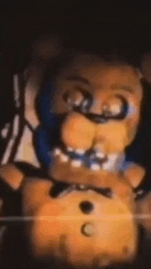 a close up of a teddy bear in a dark room with a blue bow tie .