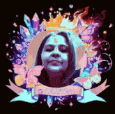 a picture of a woman surrounded by butterflies and crystals with a banner that says caritas