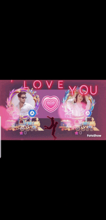 a man and a woman are standing next to each other in front of a sign that says " love you "
