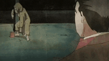 a cartoon of a man looking at a person standing on a sidewalk .