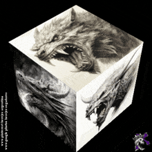 a cube with drawings of a dragon and a wolf on it