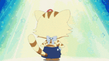 a cat with a flower on its head is holding a cup of candy