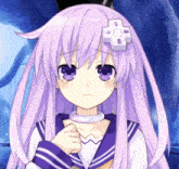 a purple haired anime girl with a white cross on her head