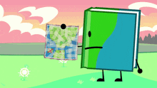 a cartoon drawing of a book holding a map that says ' denver ' on it