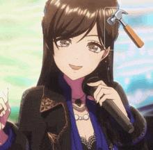 a girl with a hammer in her hair