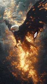 a bald eagle is flying through a cloudy sky surrounded by flames