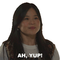 a woman with long hair says ah yup on a white background