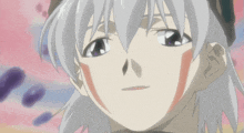 a close up of a cartoon character with white hair