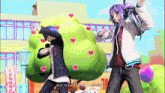 two anime characters are dancing in front of a building and a tree with hearts around it