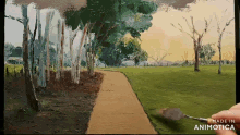 a painting of a path with trees and grass is made in animatica