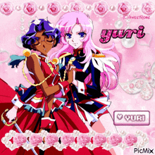 a picture of two anime girls with yuri written in pink rhinestones