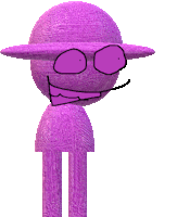 a purple cartoon character with a hat and glasses is smiling