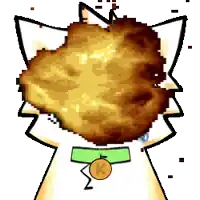 a pixel art drawing of a cat with a coin with the letter k on it 's neck